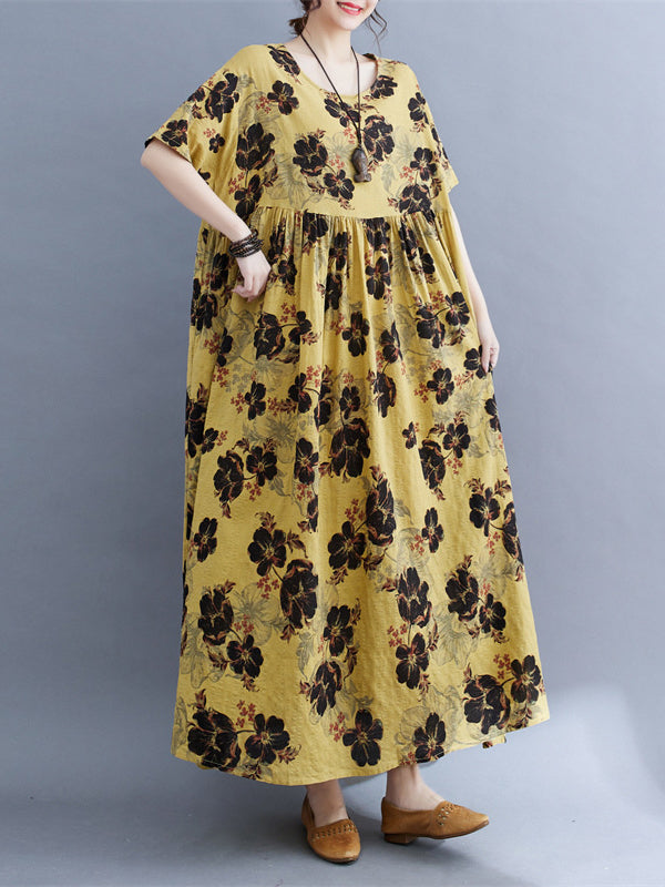 Loose Short Sleeves Pleated Printed Split-joint Round-neck Midi Dresses