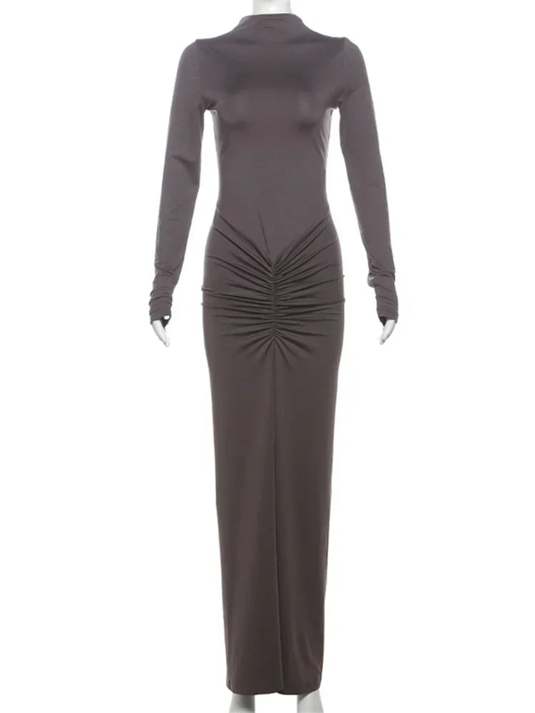 Pleated Patchwork Long Dress ’s High Waist Long Sleeve Slim Party Dress Summer Female Maxi Dress