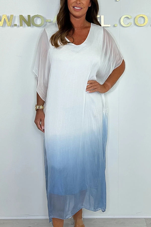 Fashionable Gradient Tie-dye Loose V-neck Midi Dress
