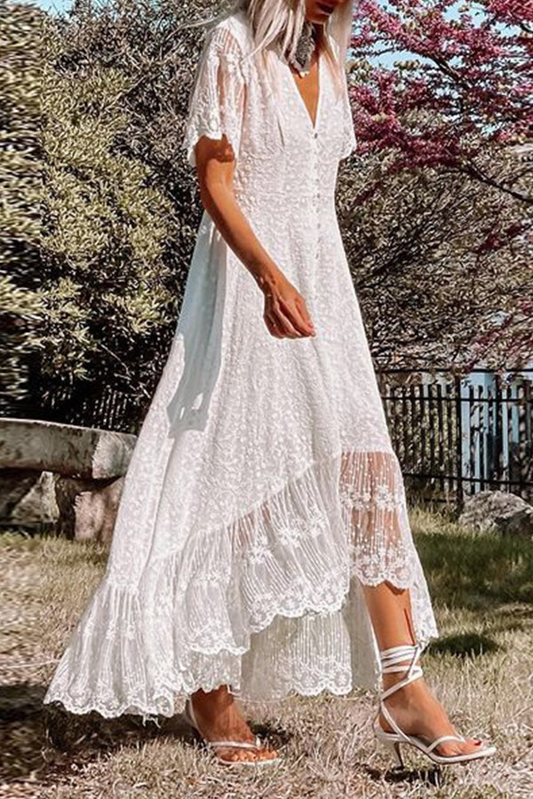 V Neck Slim Dress Lace Midi Dress