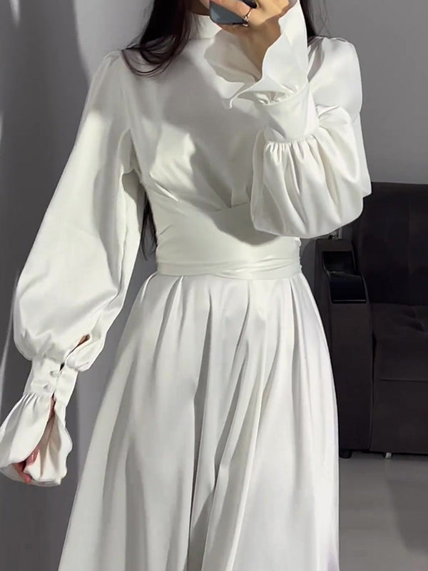 A-line Long Sleeves Pleated Color Tied Waist Zipper Mock Neck Maxi Dresses