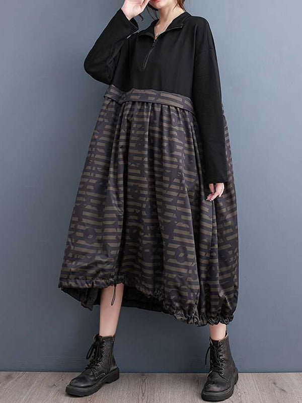 Long Sleeves Loose Drawstring Printed Split-joint Zipper Midi Dresses