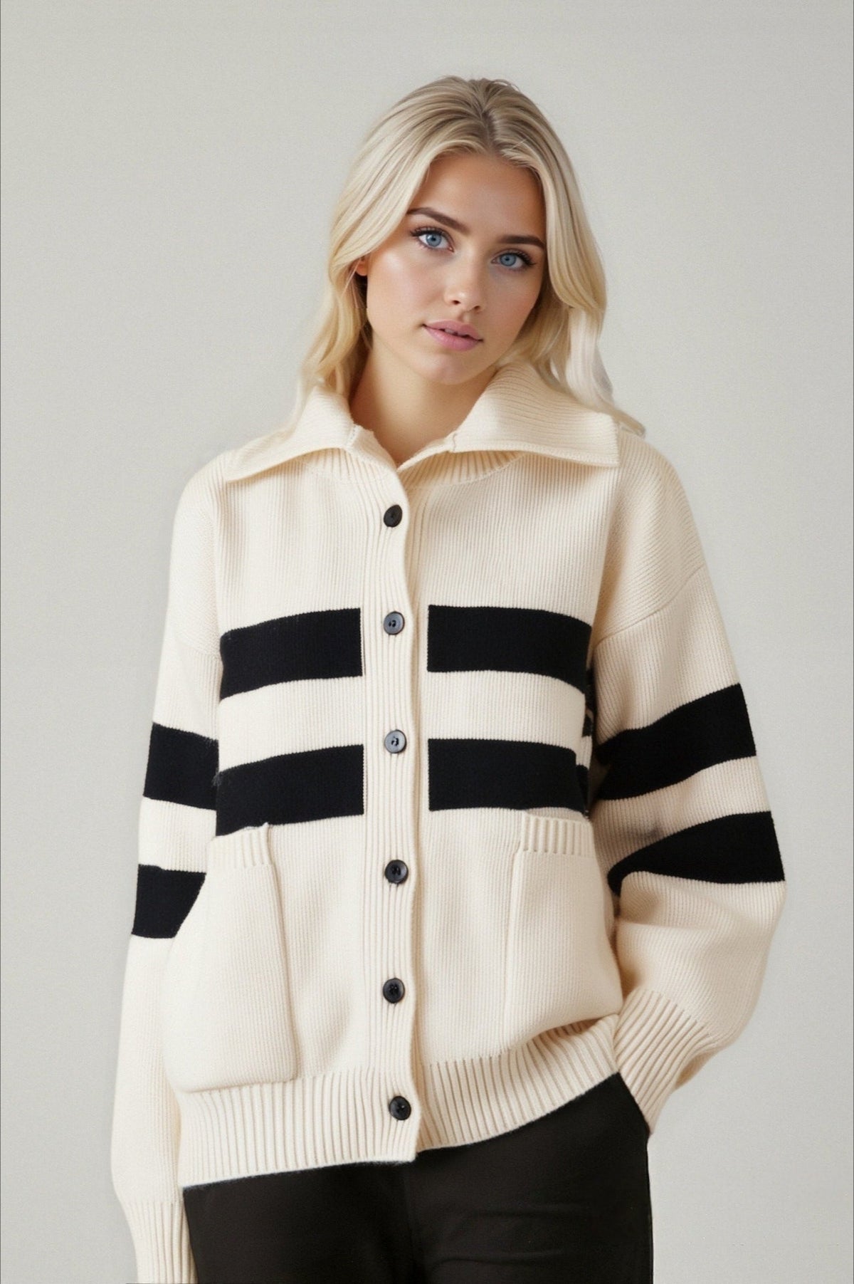 Color Block Stripe Turtleneck Loose Knit Cardigan