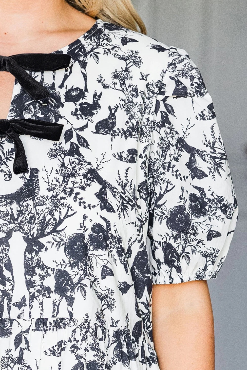 Black Print Bow Detail Puff Sleeve Midi Dress