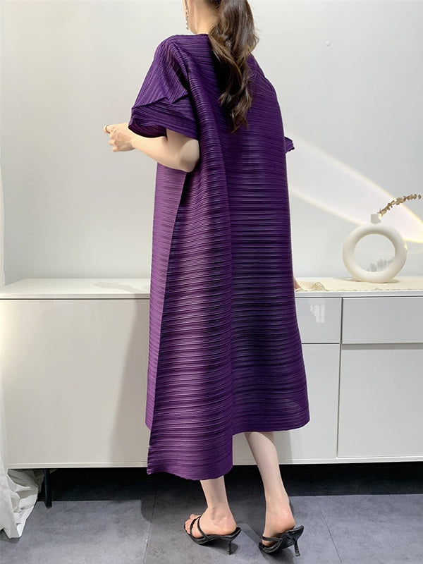 Loose Pleated Round-neck Midi Dresses