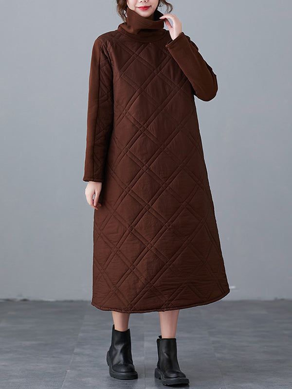 A-line Long Sleeves Color High-neck Midi Dresses