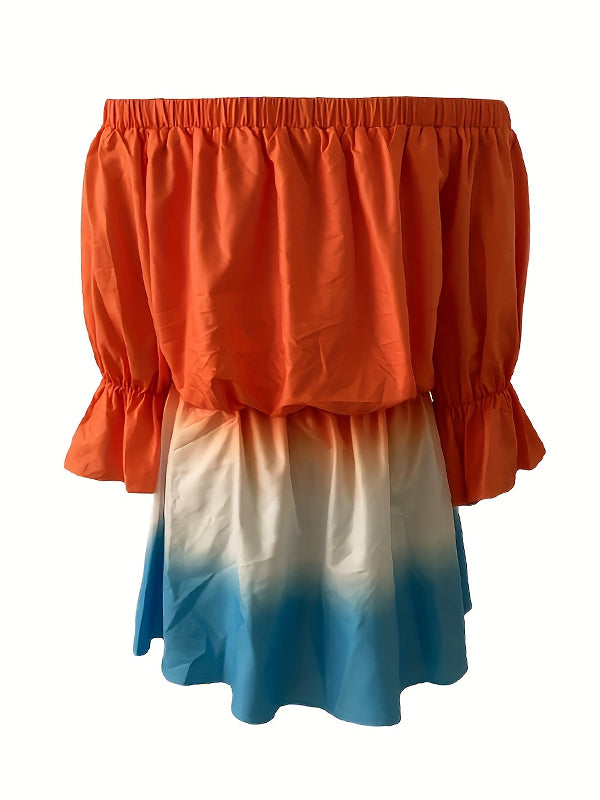 Loose Ruffle Sleeves Elasticity Falbala Gradient Off-the-shoulder Mini Dresses