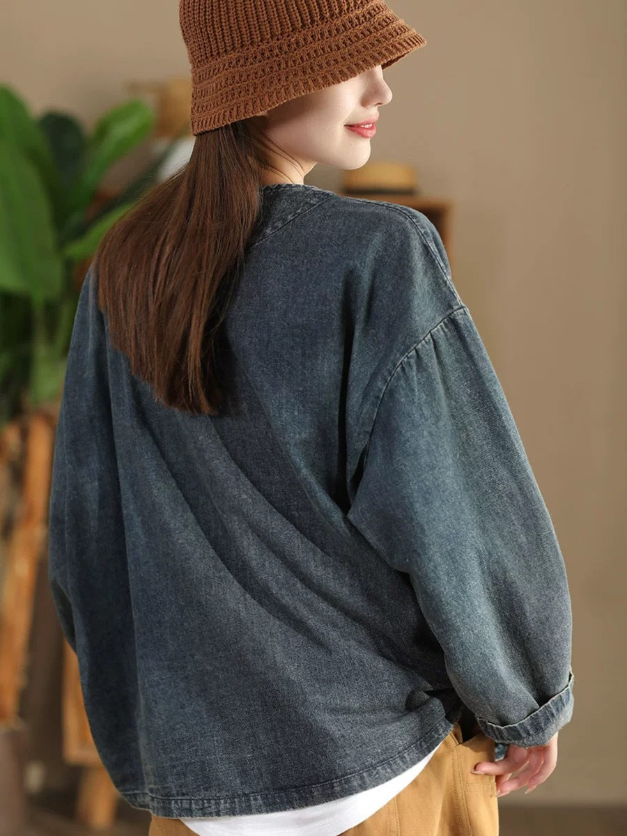 Autumn Pure Color V-neck Denim Coat At1039