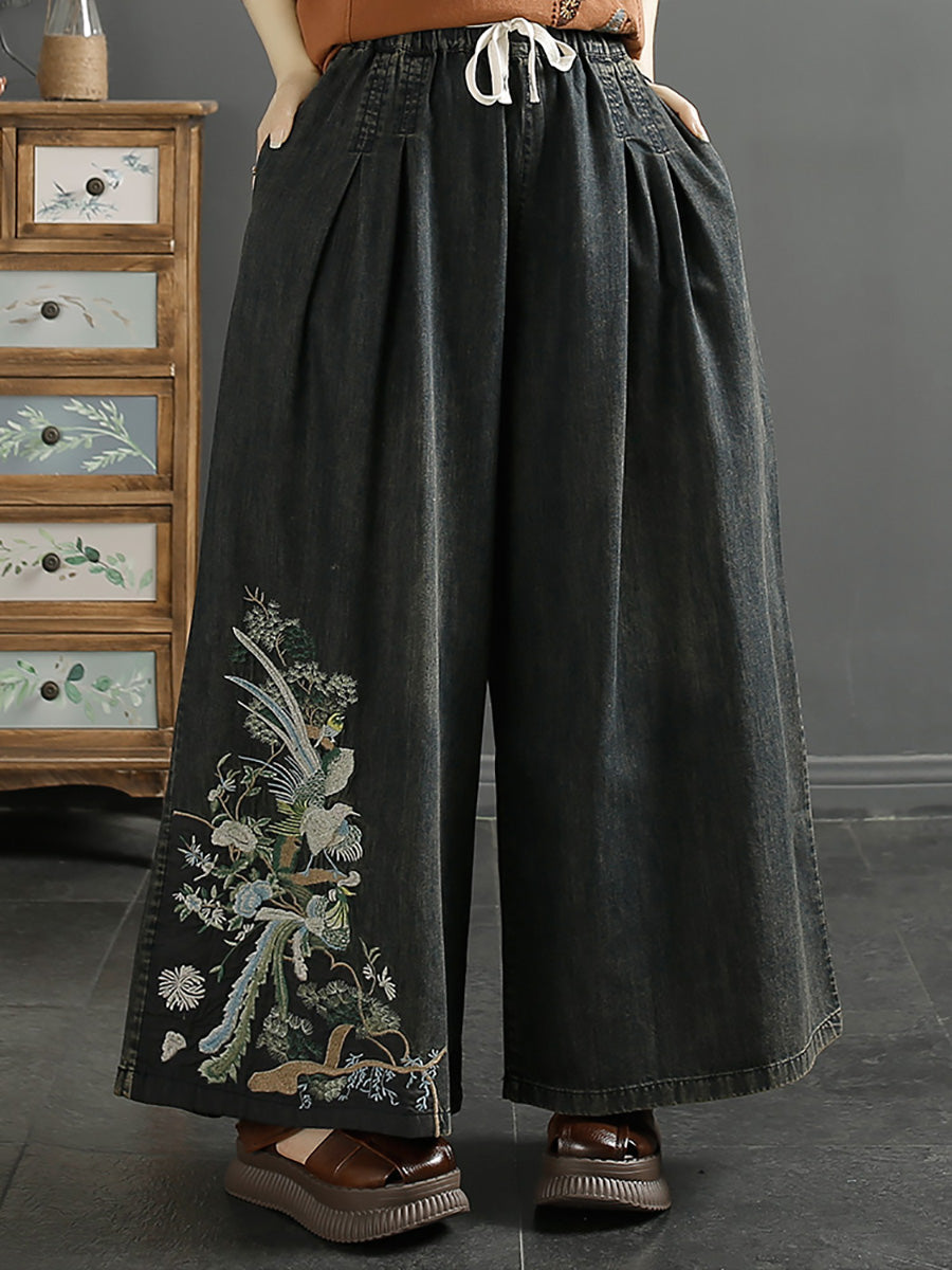 Embroidery Wide-leg Denim Pants Kl1008