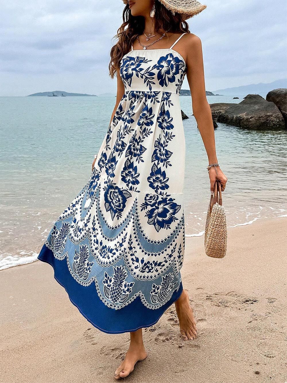 Print Back Smocked Loose Midi Dress