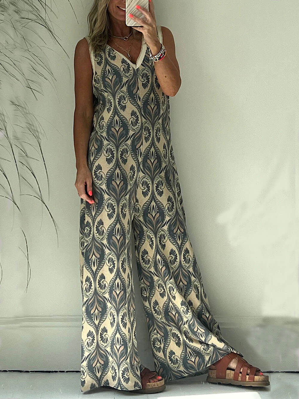 Printed Texture V-neck Loose Jumpsuit