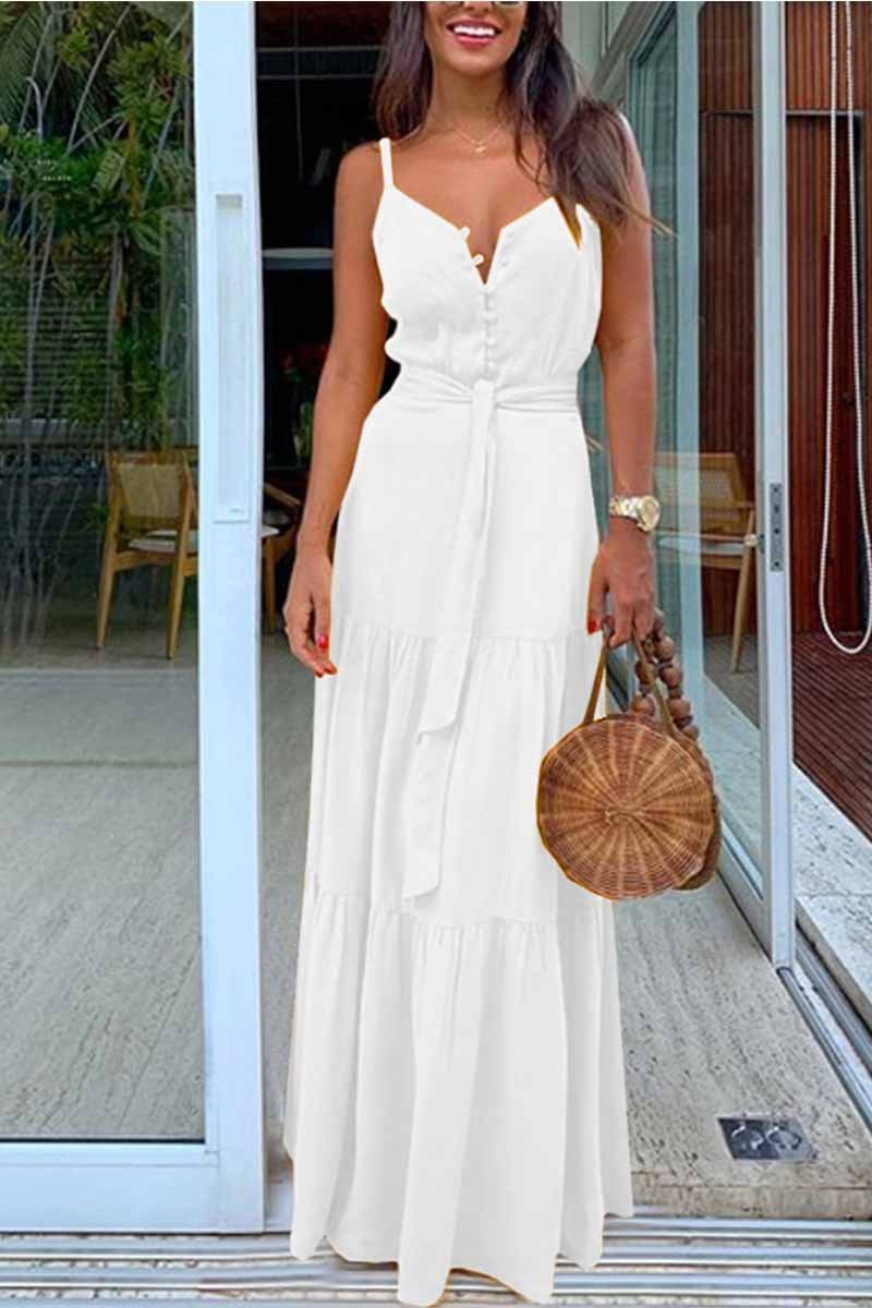 Button V-neck Maxi Dress With Belt(3 Colors)