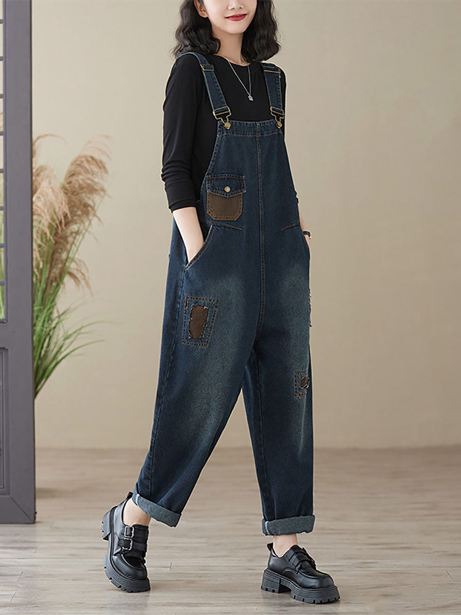 Autumn Retro Patchwork Denim Pocket Jumpsuits Ai1048