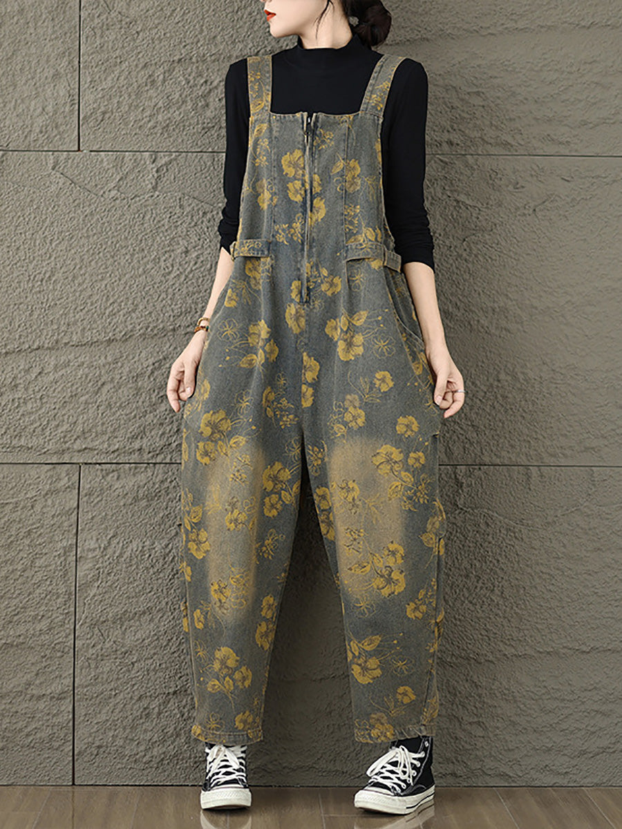 Autumn Retro Flower Zipper Denim Jumpsuits Ax1002