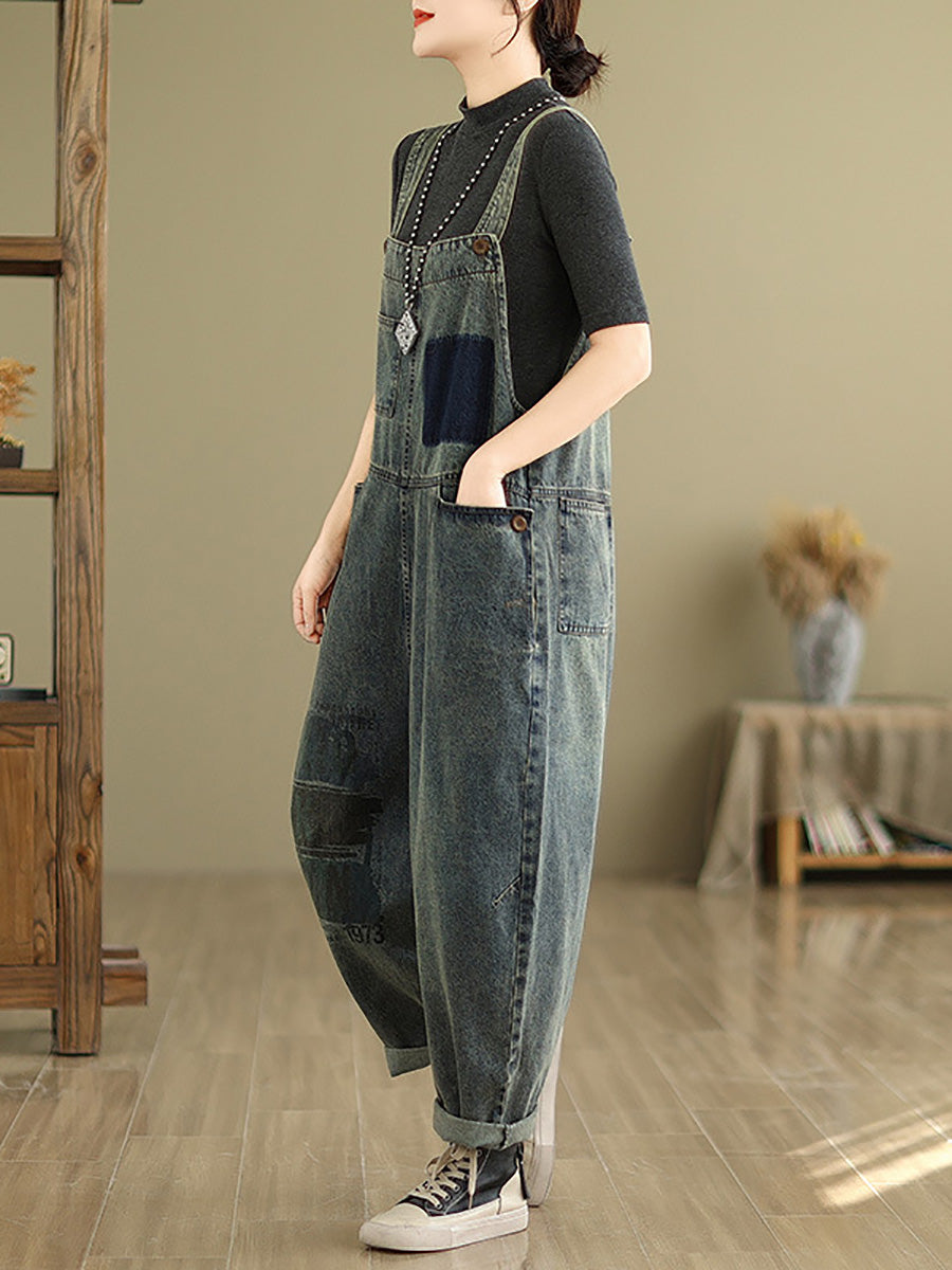 Retro Patchwork Loose Washed Denim Jumpsuits Ah1080