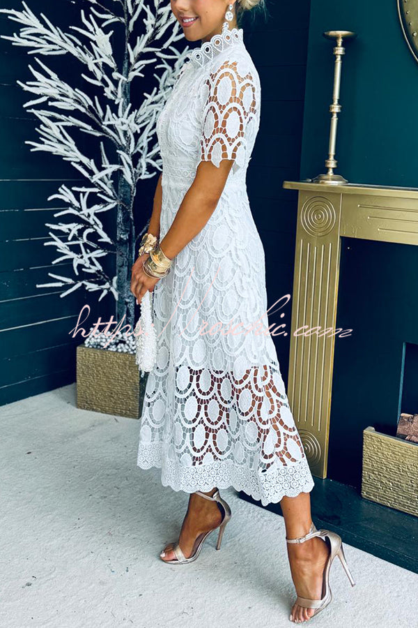Crocheted Cutout Lace Short-sleeved Stand-collar Midi Dress