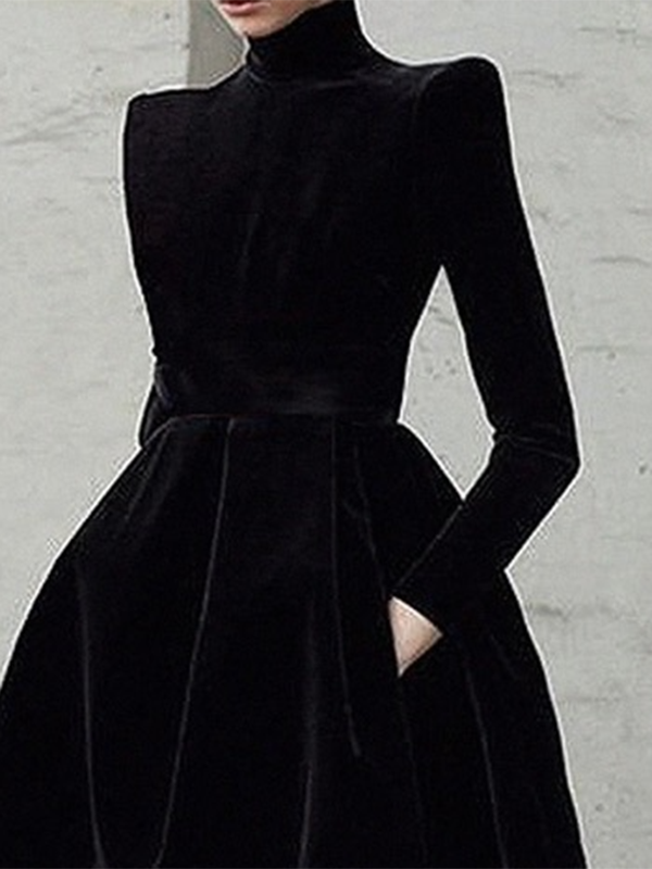 Long Sleeves Skinny Color High Neck Midi Dresses