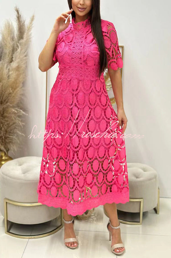 Crocheted Cutout Lace Short-sleeved Stand-collar Midi Dress