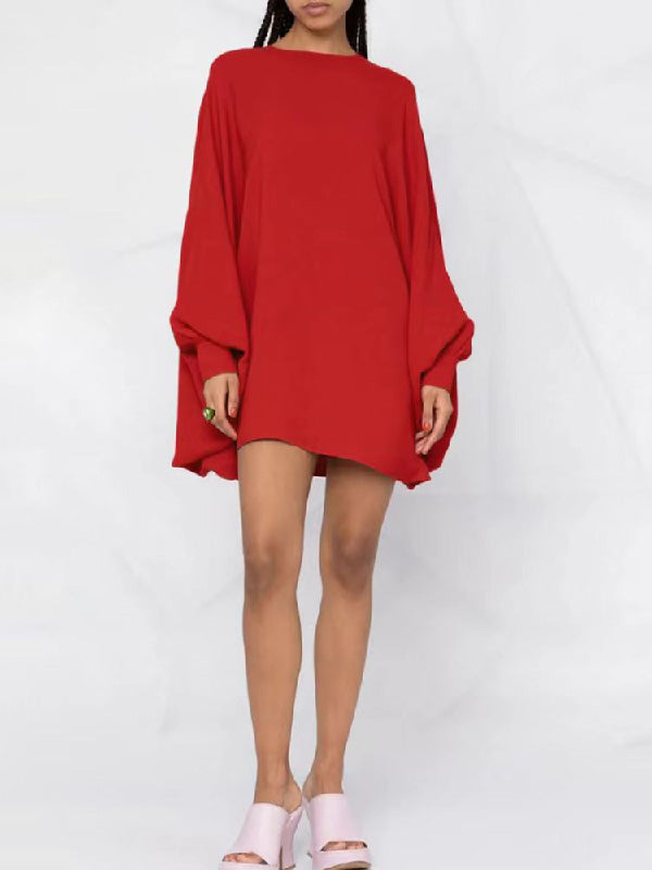 Simple Long Batwing Sleeves Color Round-neck Mini Dresses