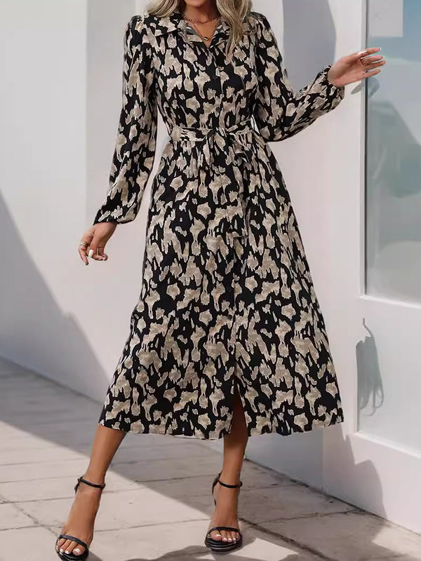 Long Sleeves Loose Printed Split-joint Tied Waist Lapel Midi Dresses Shirt Dress
