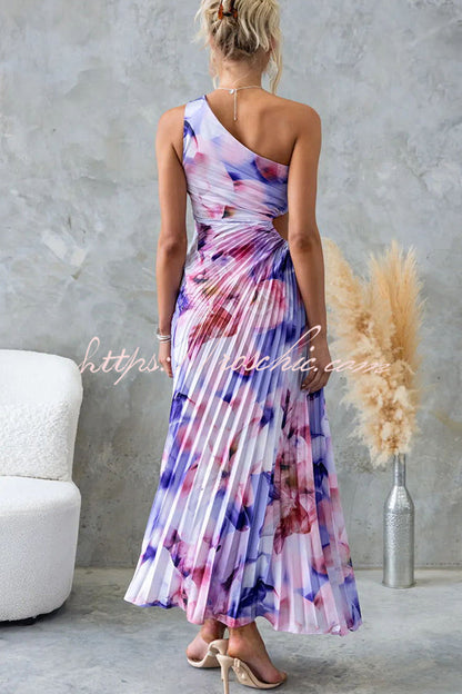 Laken Print One Shoulder Adjustable Tie Cutout Pleated Maxi Dress
