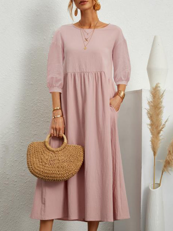 11 Colors Simple Round-neck Color Midi Dress