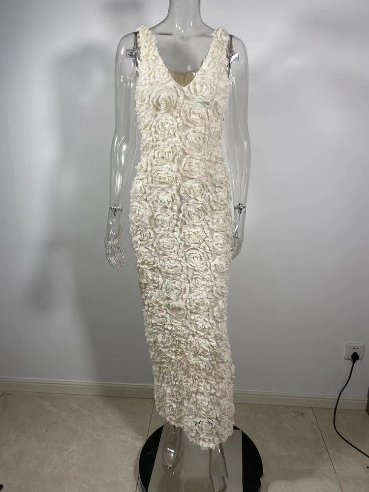Cream Rose Decal Dress for Deep V Neck Sleeveless Backless Bodycon Club Party Maxi Dress