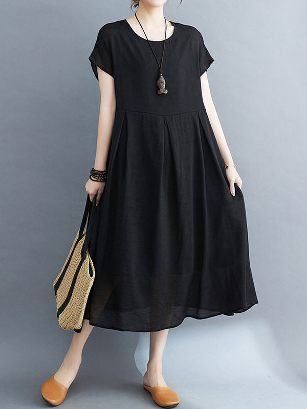 Loose Short Sleeves Color Split-joint Round-neck Midi Dresses