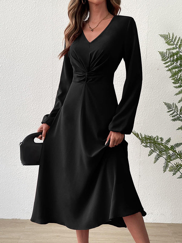 A-line High Waisted Elasticity Knot Pleated Color V-neck Midi Dresses