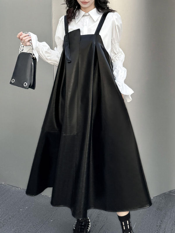 A-line Loose Asymmetric Pleated Color Split-joint Square-neck Midi Dresses Slip Dress