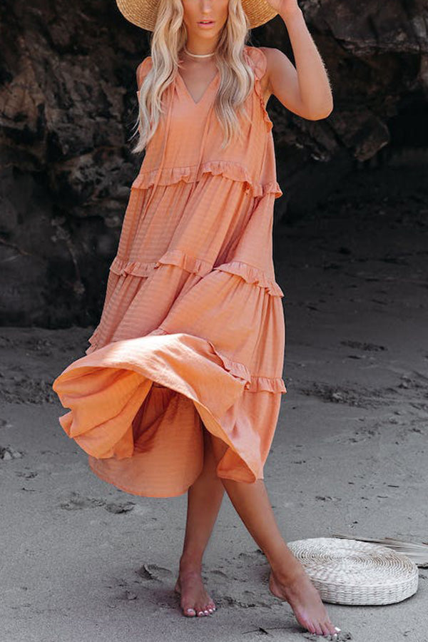 Cotton Blend Pocketed Tiered Midi Dress