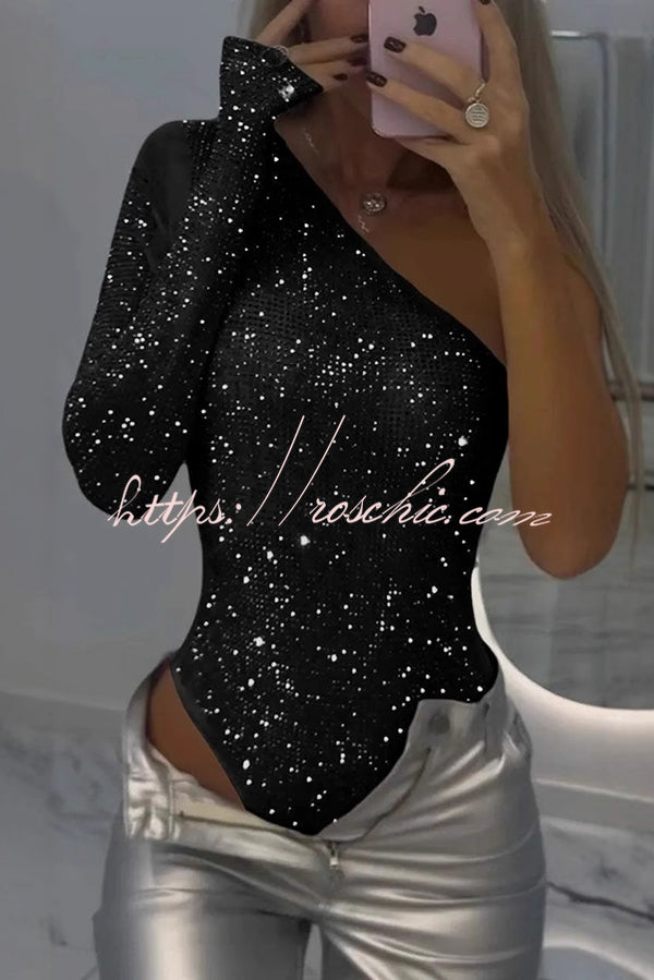 Color Sequined One-shoulder Slim-fit Rompers