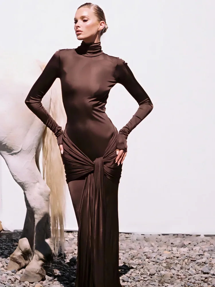 High Neck Long Sleeve Bodycon Dress for Tight Elastic Lace Up Maxi Long Dress Autumn New Party Club Vestidos