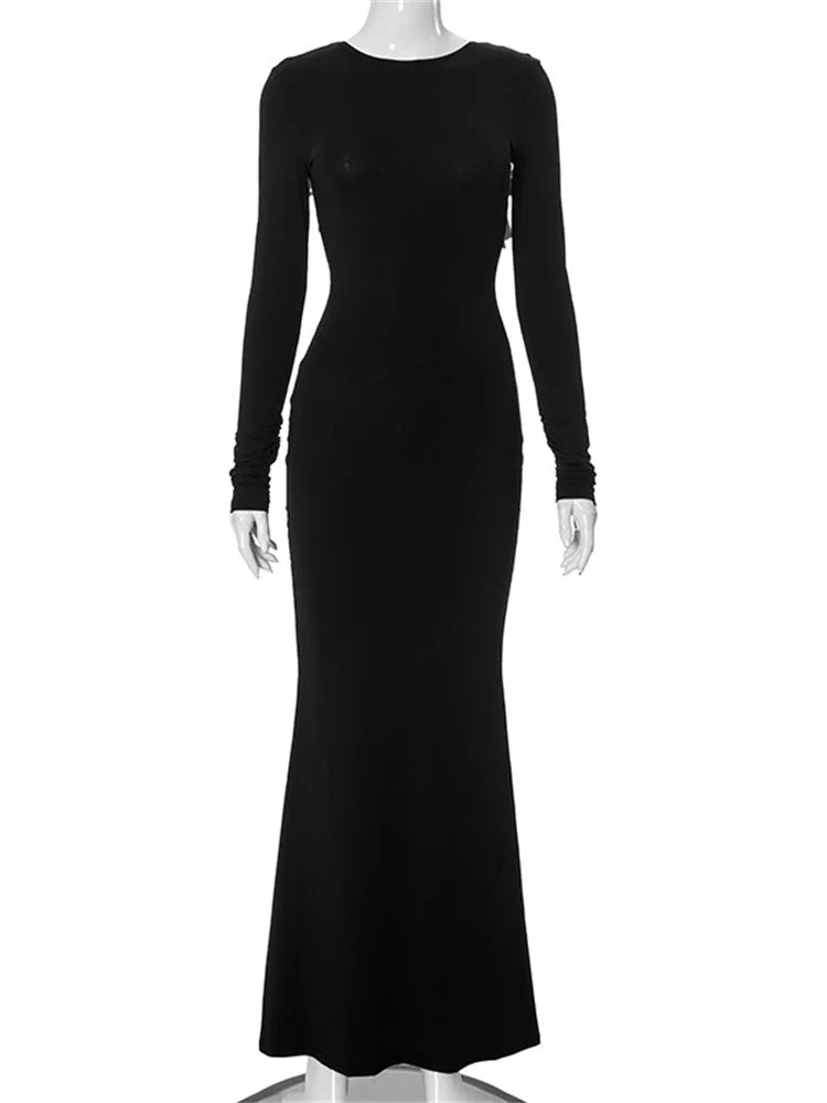 Black Tee Bow Backless Long Dress ’s High Waist Party Dress Gown Female Autumn Maxi Dress