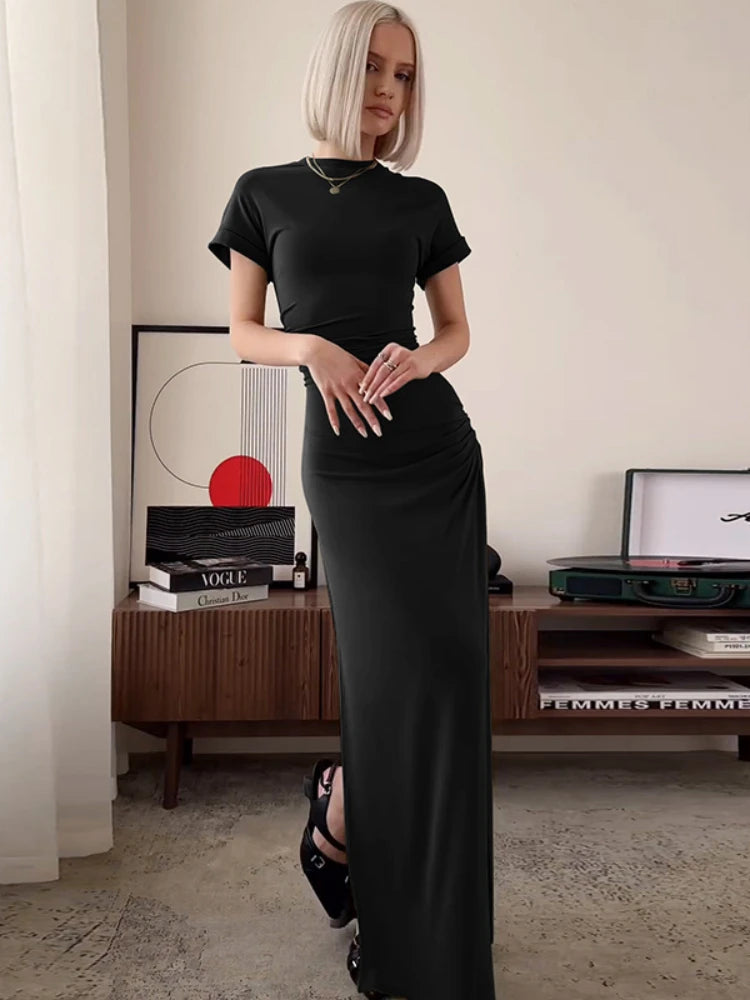 ’s O Neck Maxi Dress Short Sleeve Slim High Waist Shirring Dress Side Slit Evening Club Bodycon Dress Lady