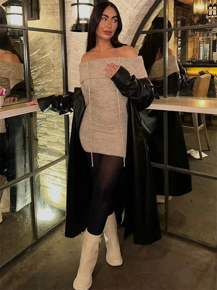 Knit Sweater Lace-up Mini Dress for Ribbed Long Sleeve Loose Backless Slim Dress ’s Knitwear Mini Dress