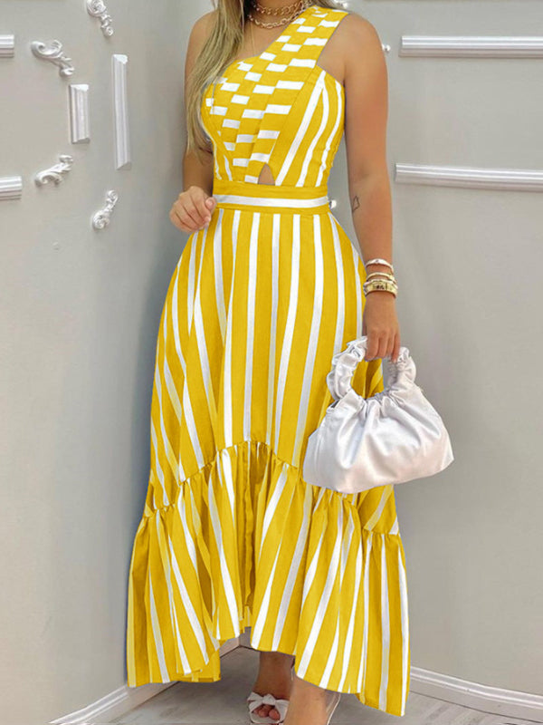 High Waisted Loose Asymmetric Hollow Pleated Pockets Split-joint Striped Zipper One-shoulder Midi Dresses