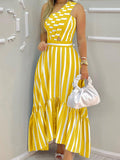 High Waisted Loose Asymmetric Hollow Pleated Pockets Split-joint Striped Zipper One-shoulder Midi Dresses