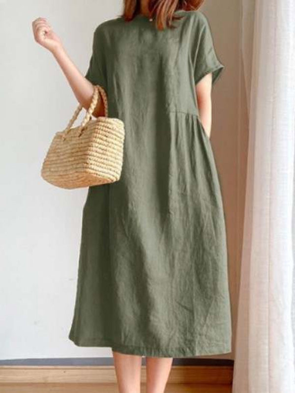 Loose Color Round-neck Midi Dresses
