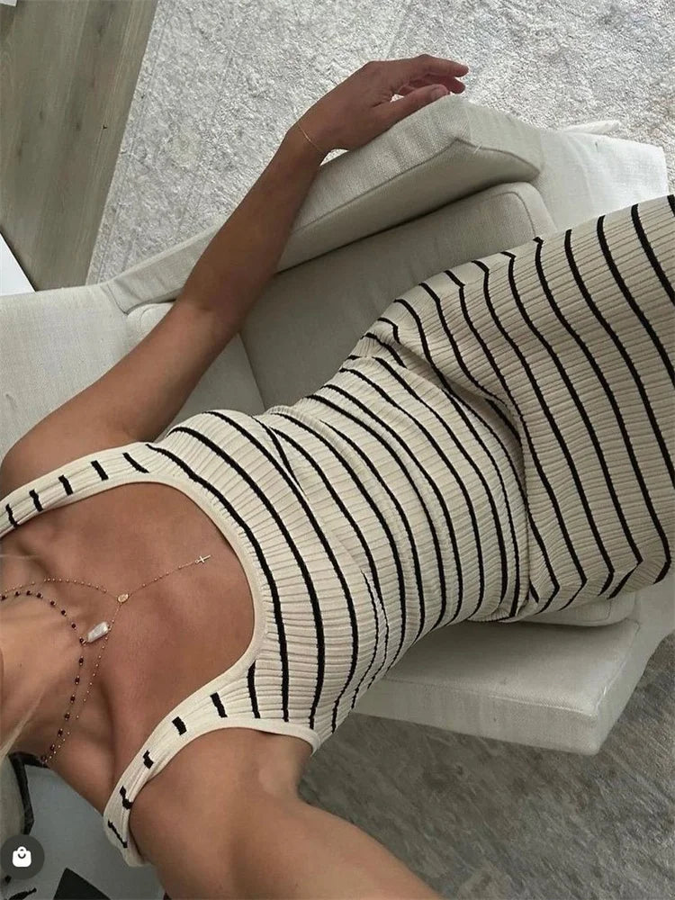 Striped Knit Backless Maxi Dress for Scoop Neck Sleeveless Slim Party Dress Spaghetti Holiday Beach Dress