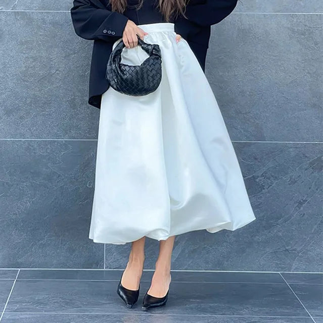 Satin White Skirts High Street Pleated Maxi Skirts for Spring New Evening Nighy Party Skirts