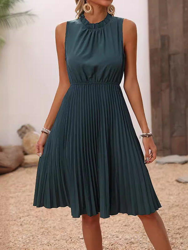 A-line Loose Elasticity Pleated Color Split-joint Mock Neck Midi Dresses