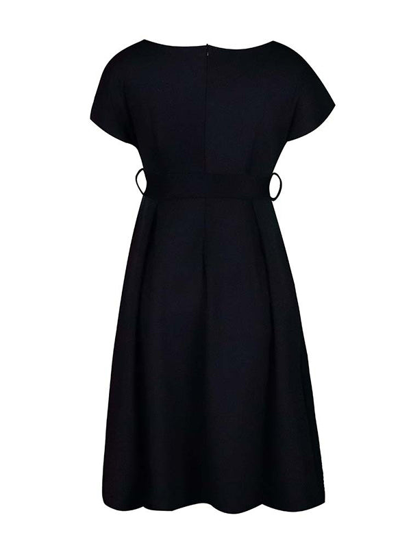Bowknot Lace-up Color V-neck Midi Dresses