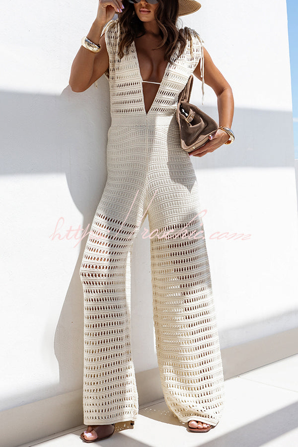 Color Knitted V-neck Holiday Hollow Jumpsuit