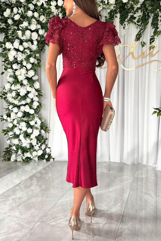 Dreamy Lace and Satin Patchwork Ruffle Sleeve Ruched Midi Dress