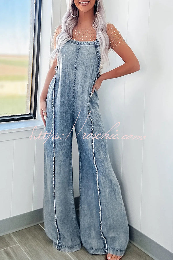 Washed Denim Raw Edge Elastic Waist Wide Leg Jumpsuit