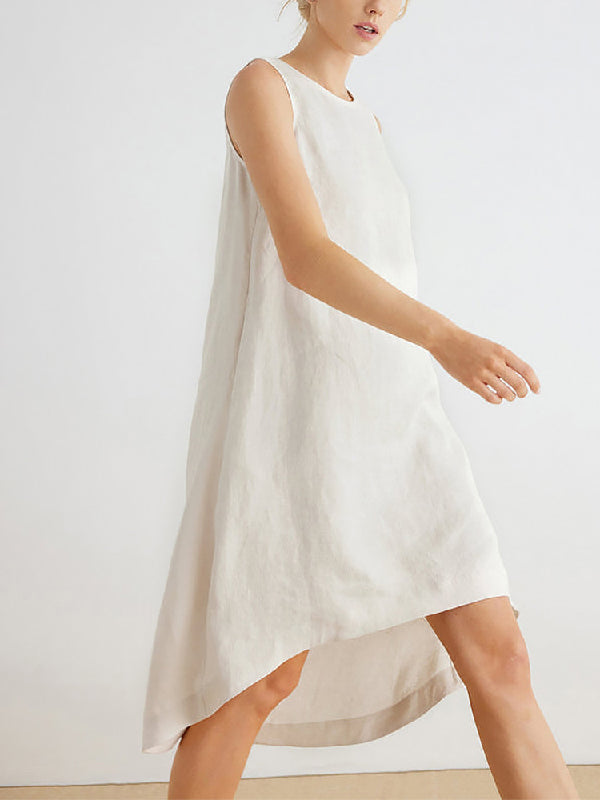 High-low Loose Color Round-neck Midi Dresses