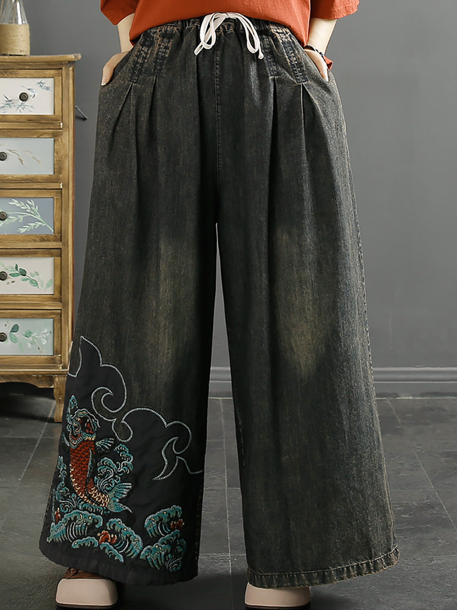 Summer Koi Embroidery Wide-leg Denim Pants Co1049
