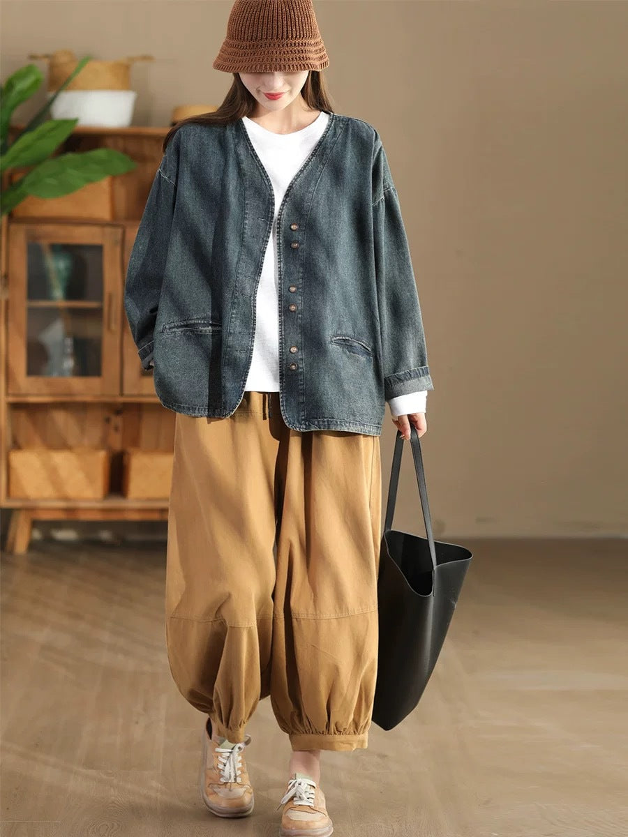 Autumn Pure Color V-neck Denim Coat At1039