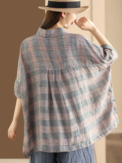 Retro Summer Plaid Linen Button-up Blouse Co1006